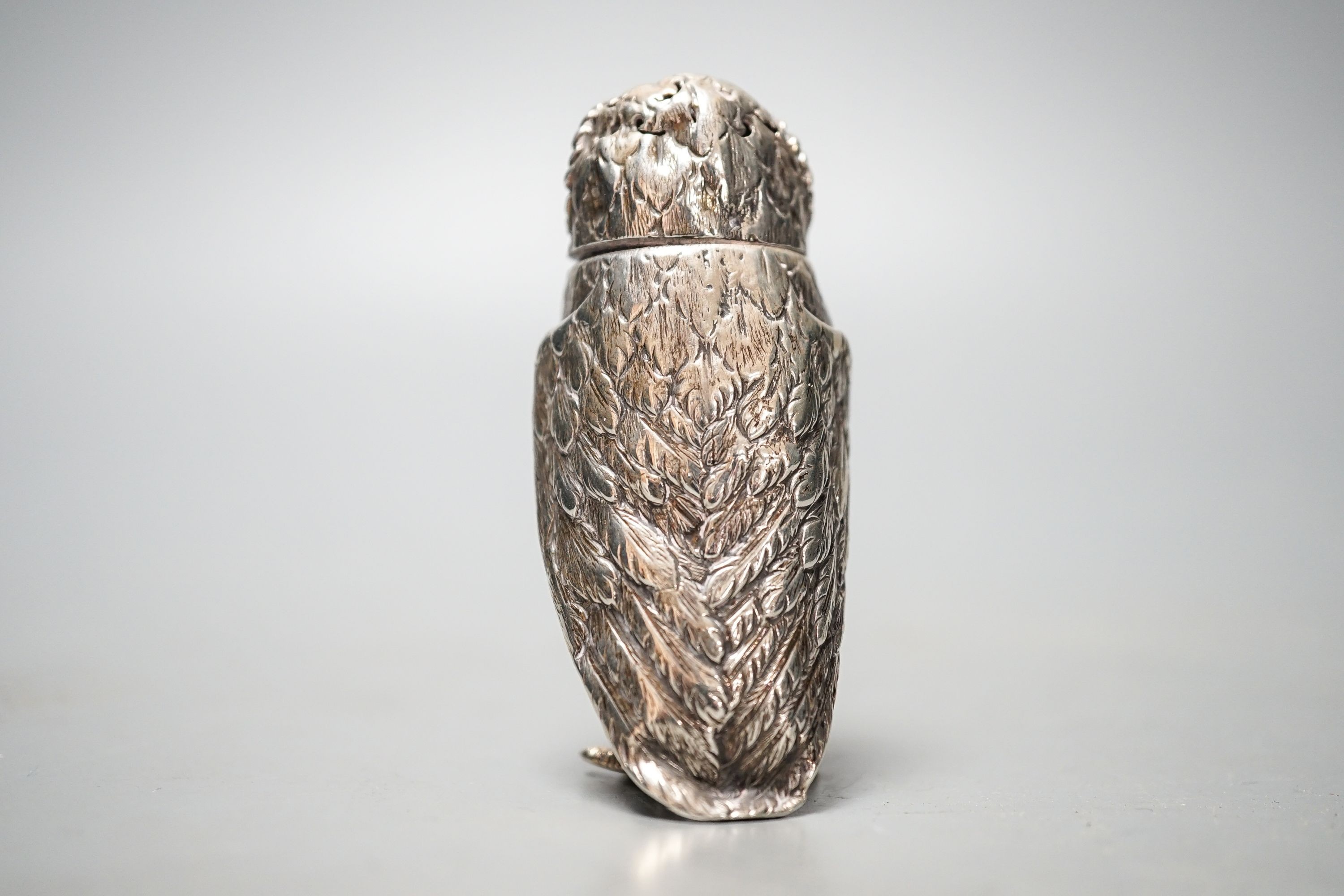 A Victorian novelty silver owl pepperette, George John Richards, London, 1850, 74mm, gross 47 grams